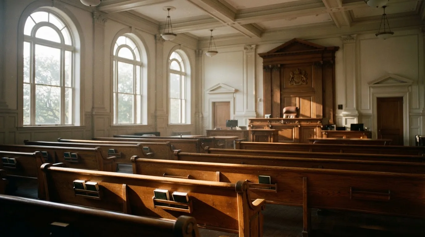 Una sala de tribunal vacía con bancos de madera a la luz de la mañana