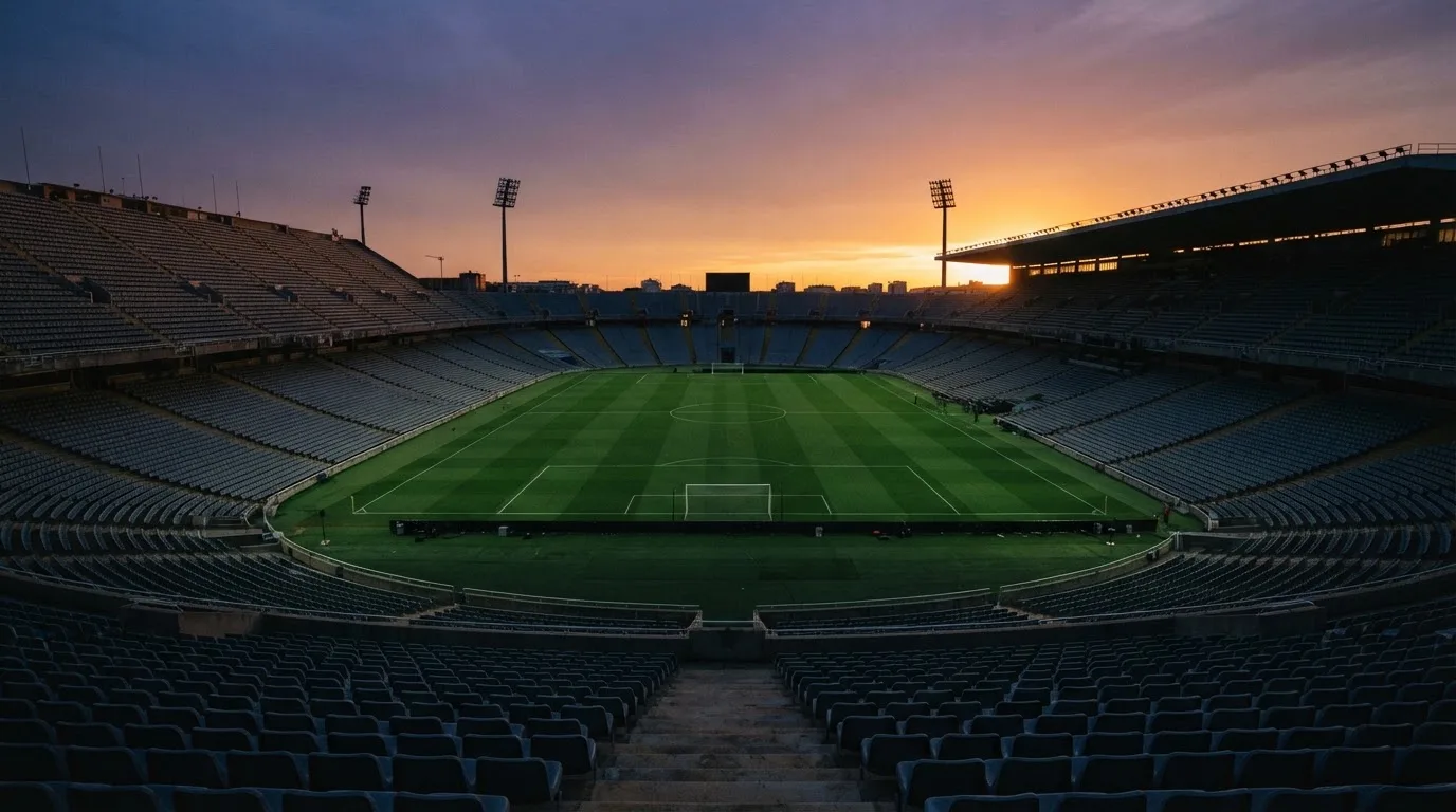 Un estadio de fútbol vacío con torres de iluminación al atardecer