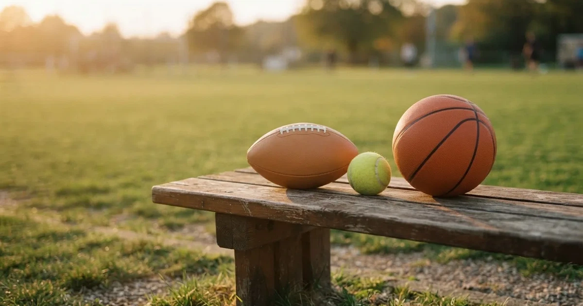 Tres balones de distintos tipos, uno junto a otro, sobre un banco de madera