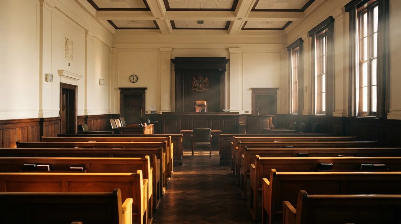 Una sala de tribunal vacía con bancos de madera a la luz de la mañana