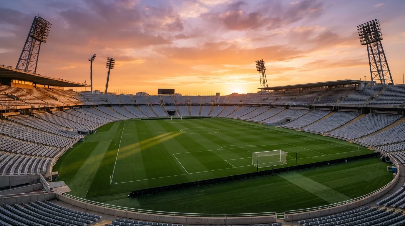 Un estadio de fútbol vacío con torres de iluminación al atardecer