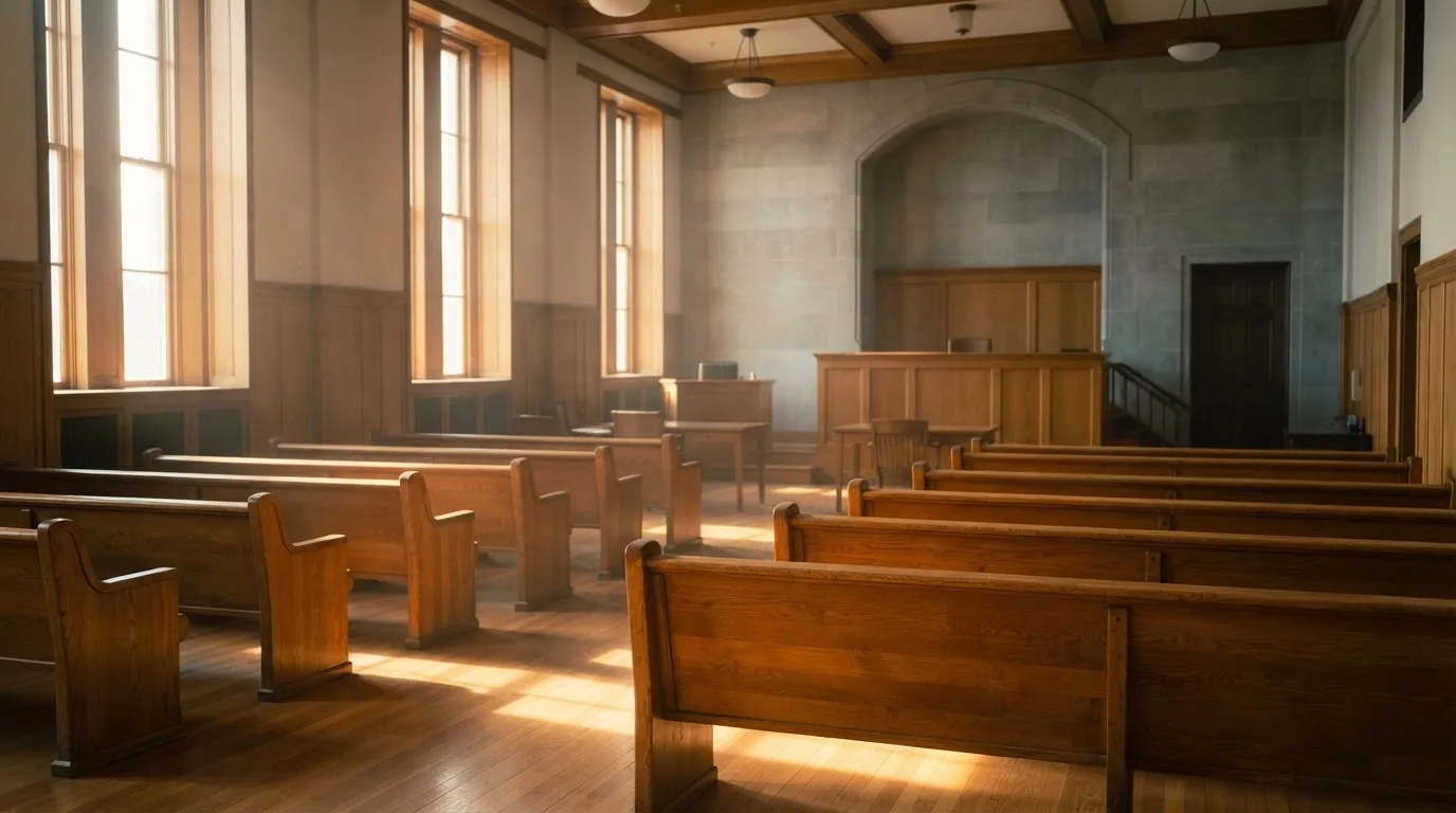 Una sala de tribunal vacía con bancos de madera a la luz de la mañana