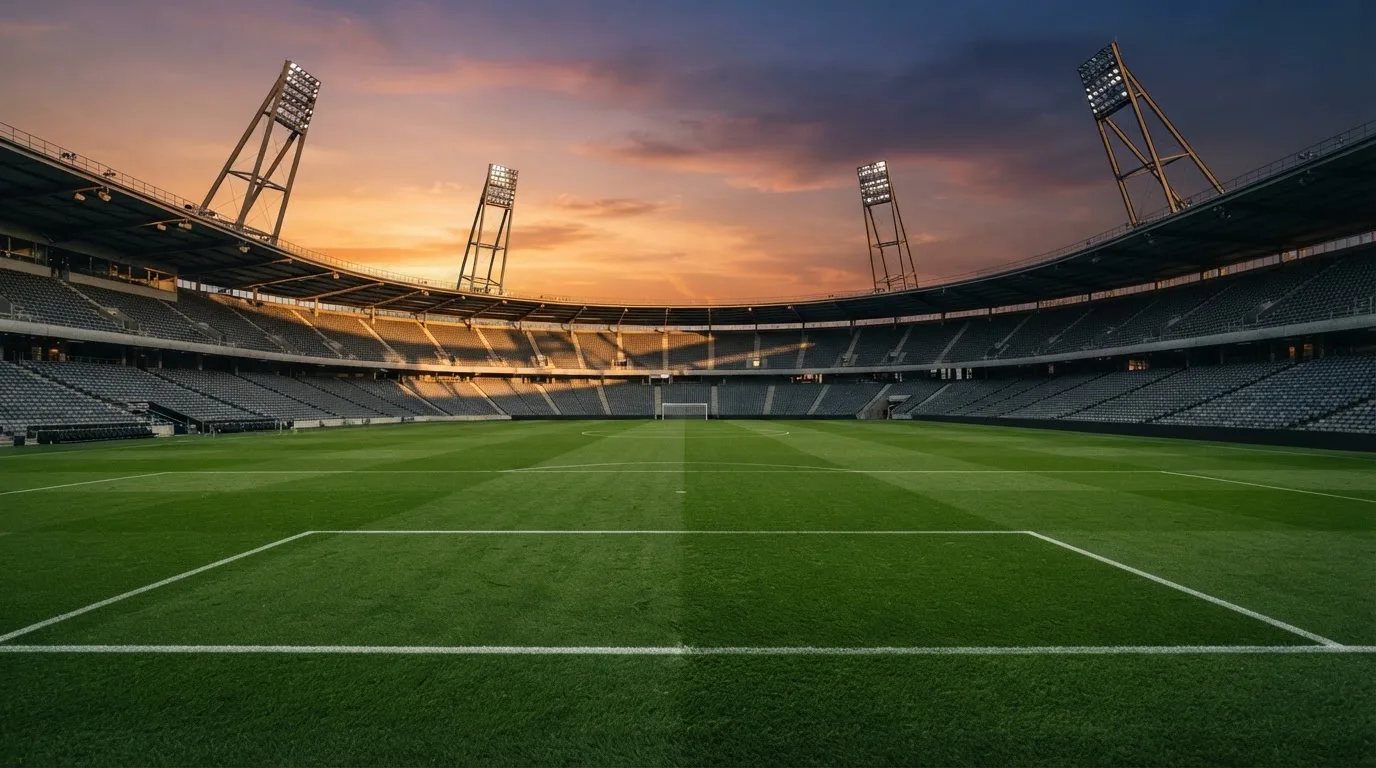 Un estadio de fútbol vacío con torres de iluminación al atardecer