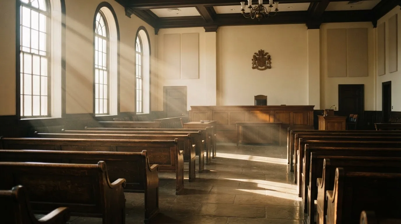Una sala de tribunal vacía con bancos de madera a la luz de la mañana