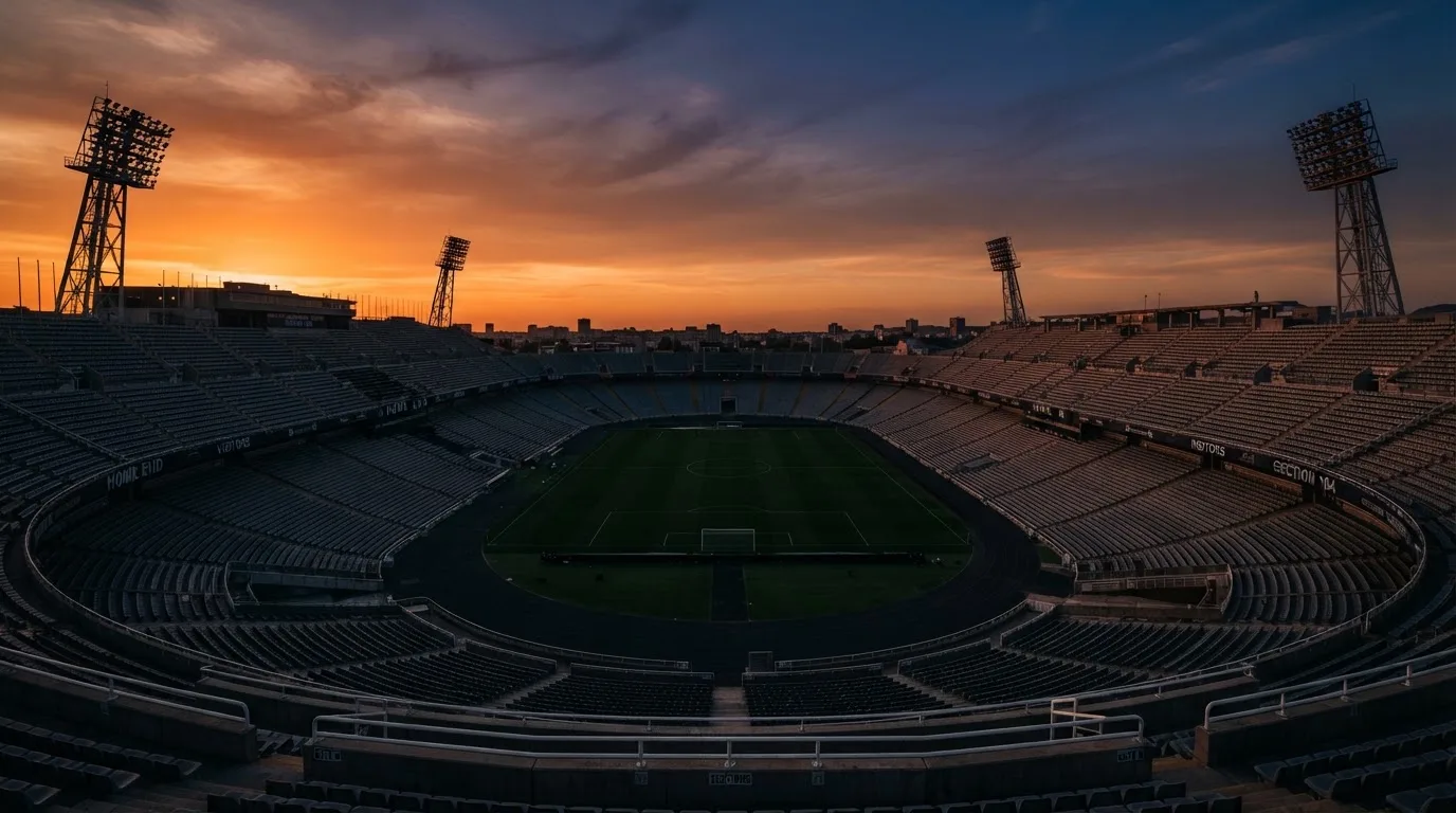 Un estadio de fútbol vacío con torres de iluminación al atardecer
