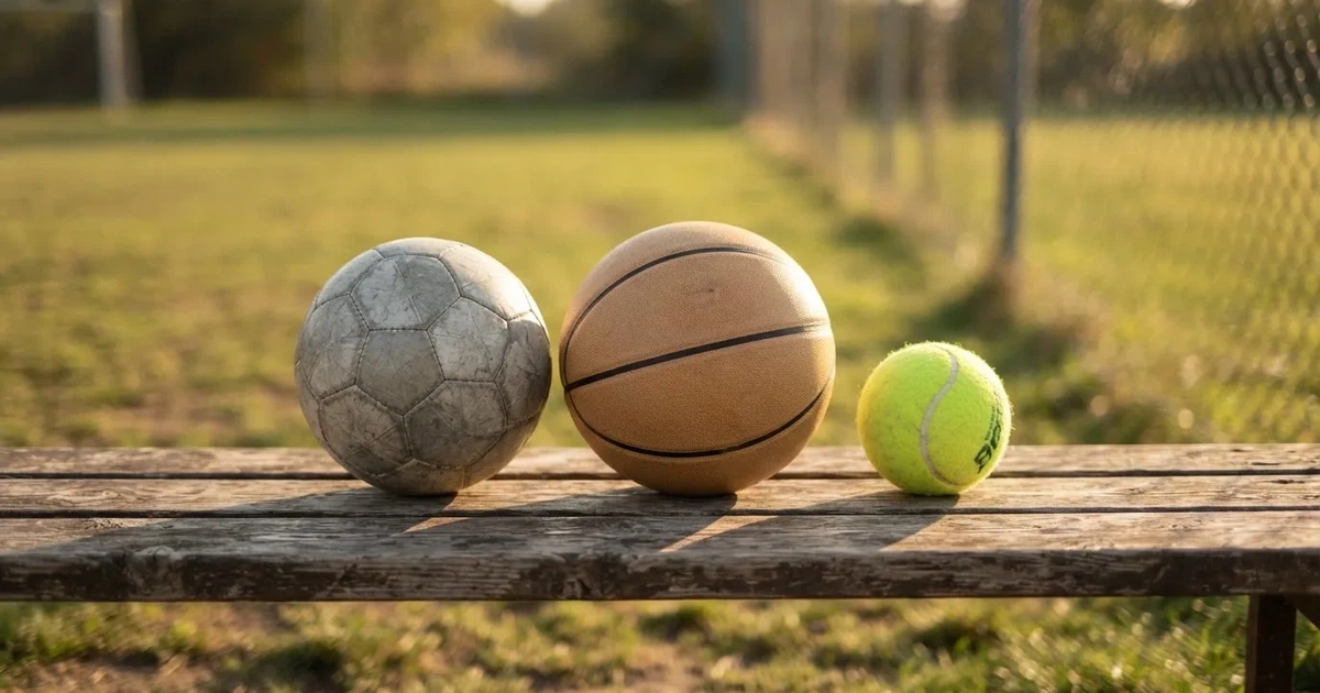 Tres balones de distintos tipos, uno junto a otro, sobre un banco de madera
