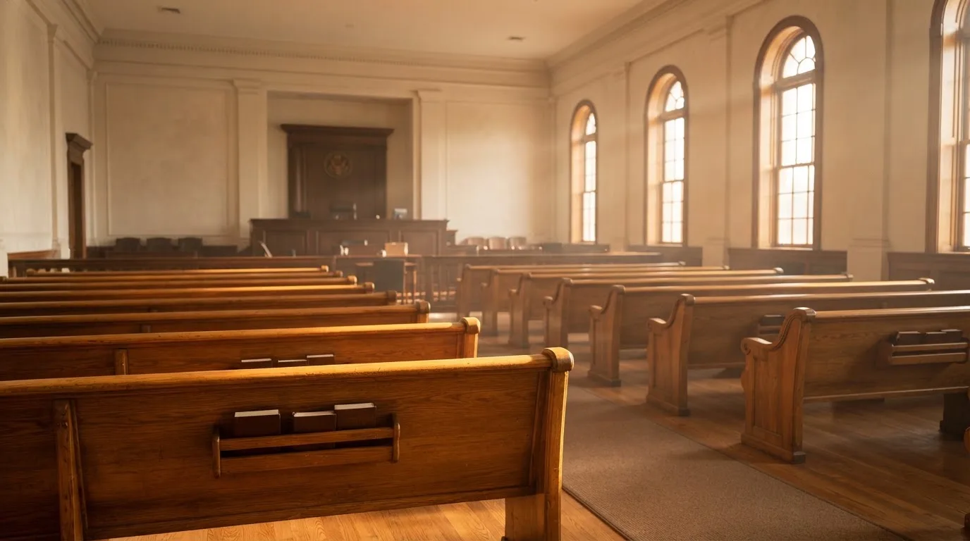 Una sala de tribunal vacía con bancos de madera a la luz de la mañana