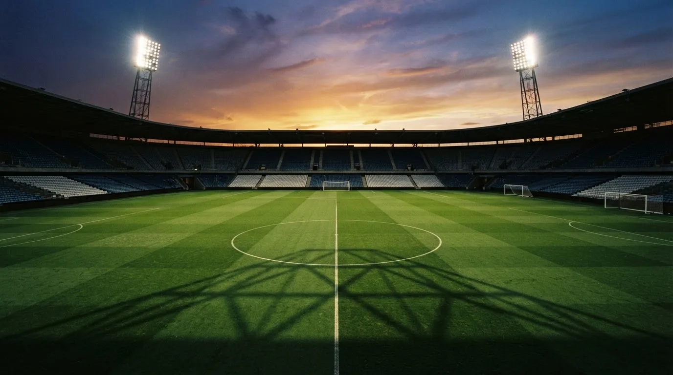 Un estadio de fútbol vacío con torres de iluminación al atardecer