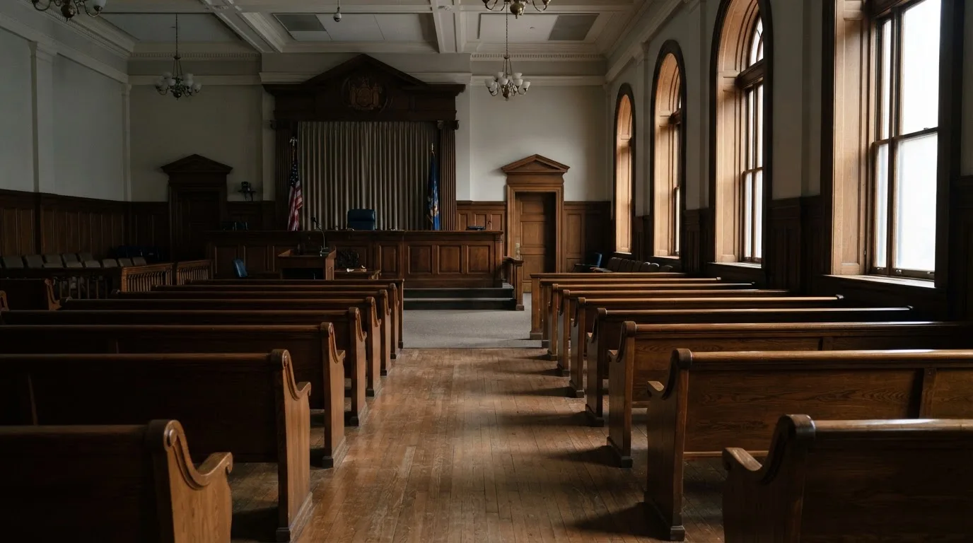 Una sala de tribunal vacía con bancos de madera a la luz de la mañana