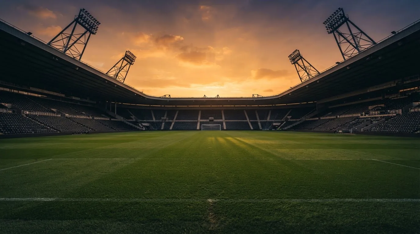 Un estadio de fútbol vacío con torres de iluminación al atardecer