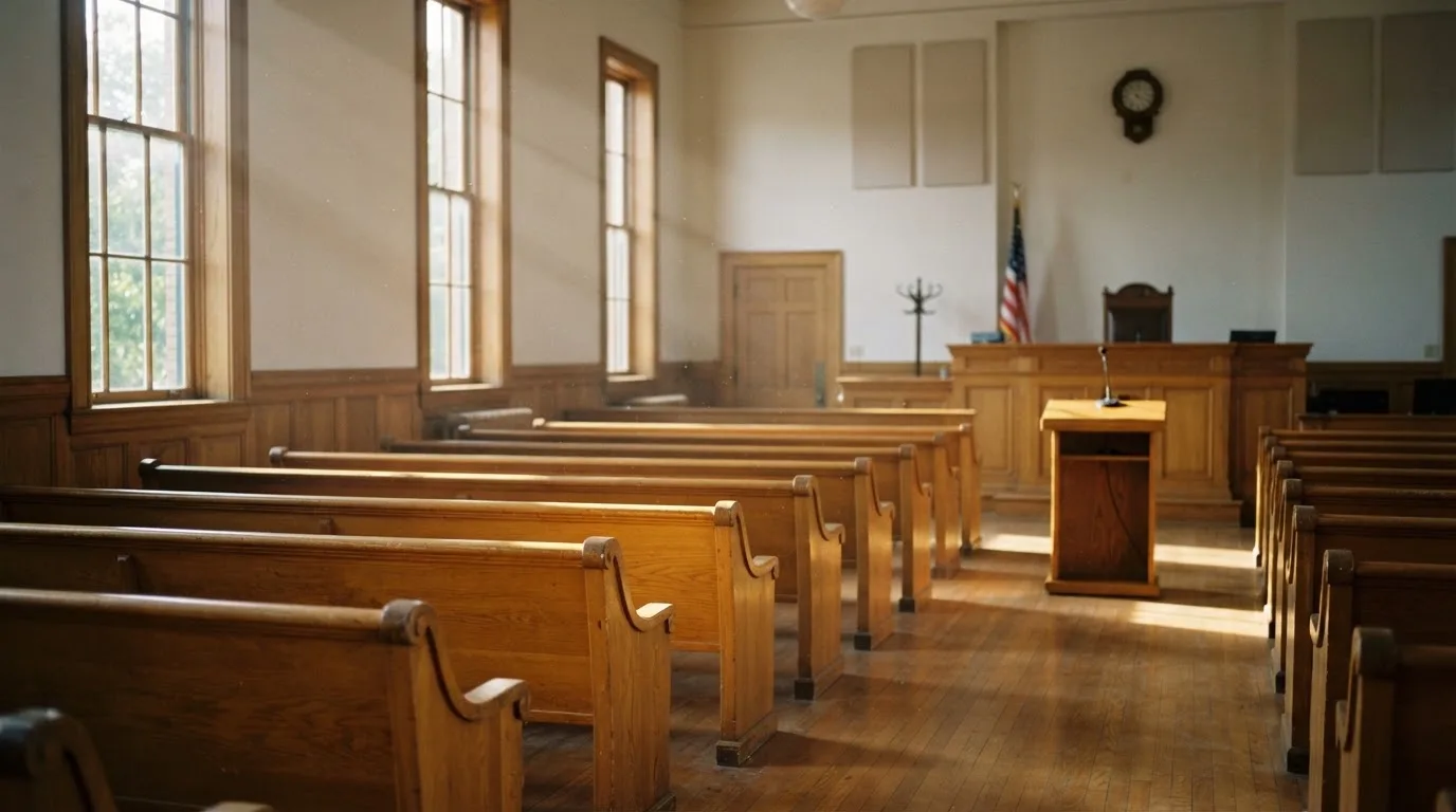 Una sala de tribunal vacía con bancos de madera a la luz de la mañana