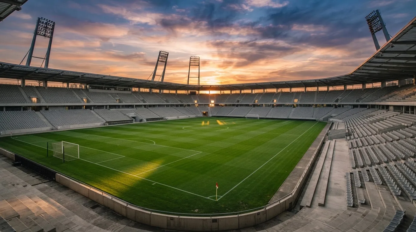 Un estadio de fútbol vacío con torres de iluminación al atardecer