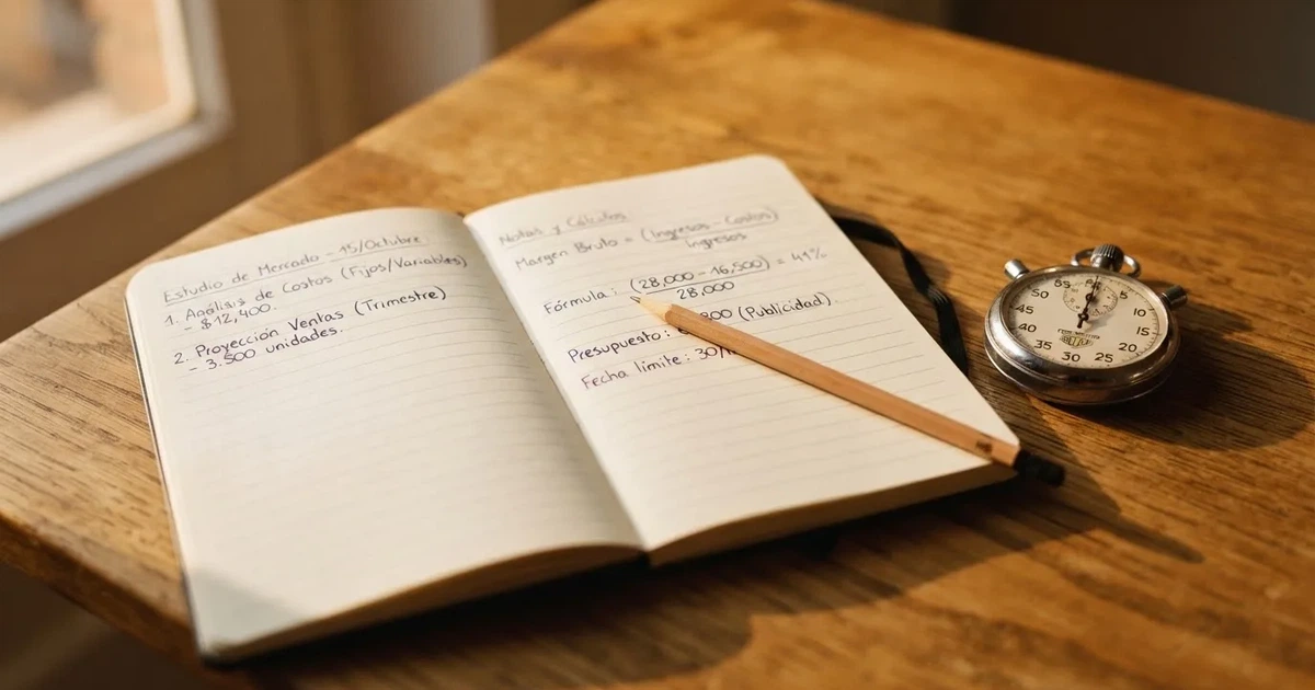 Un cuaderno abierto con un lápiz y un cronómetro sobre una mesa de madera