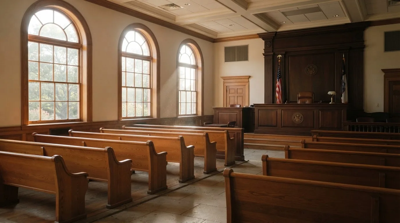 Una sala de tribunal vacía con bancos de madera a la luz de la mañana