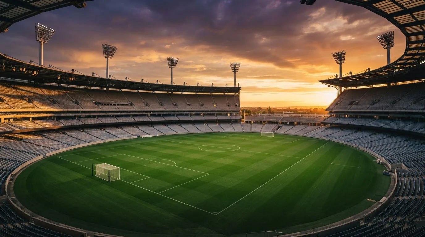 Un estadio de fútbol vacío con torres de iluminación al atardecer
