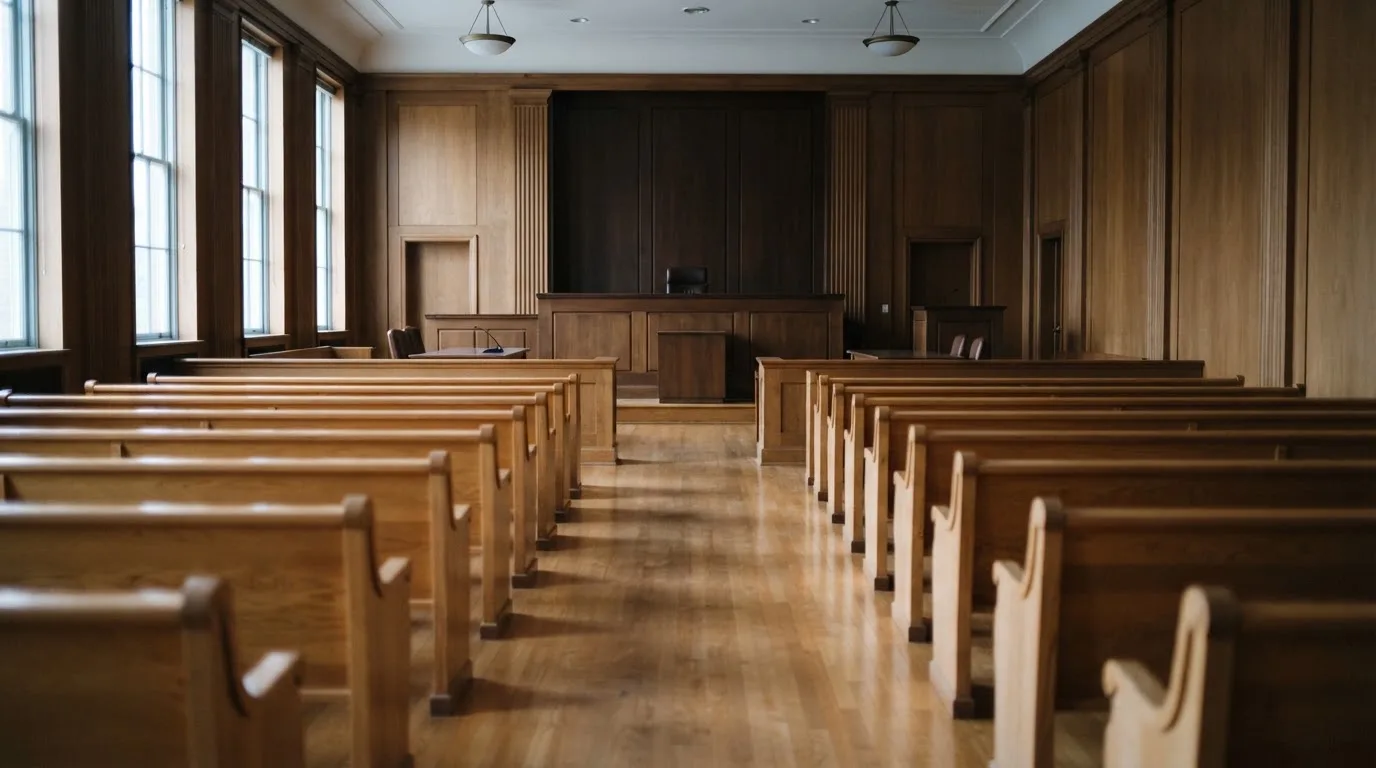 Una sala de tribunal vacía con bancos de madera a la luz de la mañana