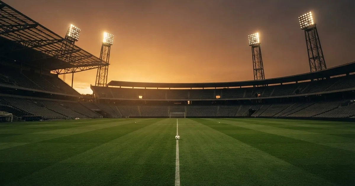 Un estadio de fútbol vacío con torres de iluminación al atardecer