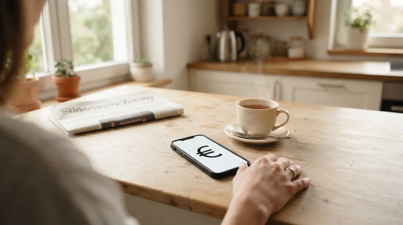 Una mano deja un móvil junto a una taza de té sobre la mesa de la cocina, una tarde tranquila