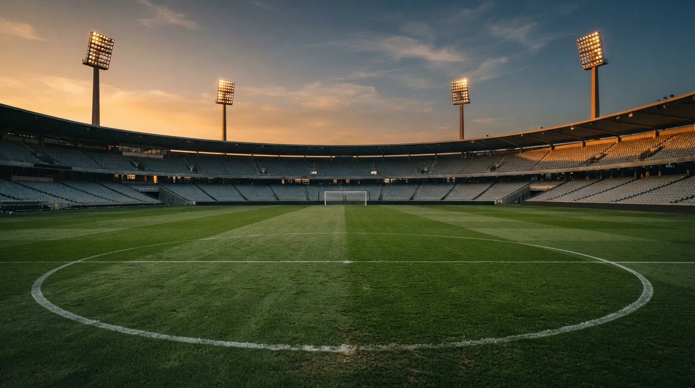 Un estadio de fútbol vacío con torres de iluminación al atardecer