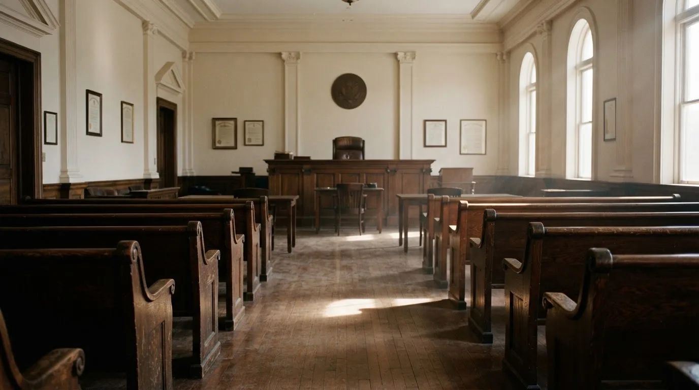 Una sala de tribunal vacía con bancos de madera a la luz de la mañana