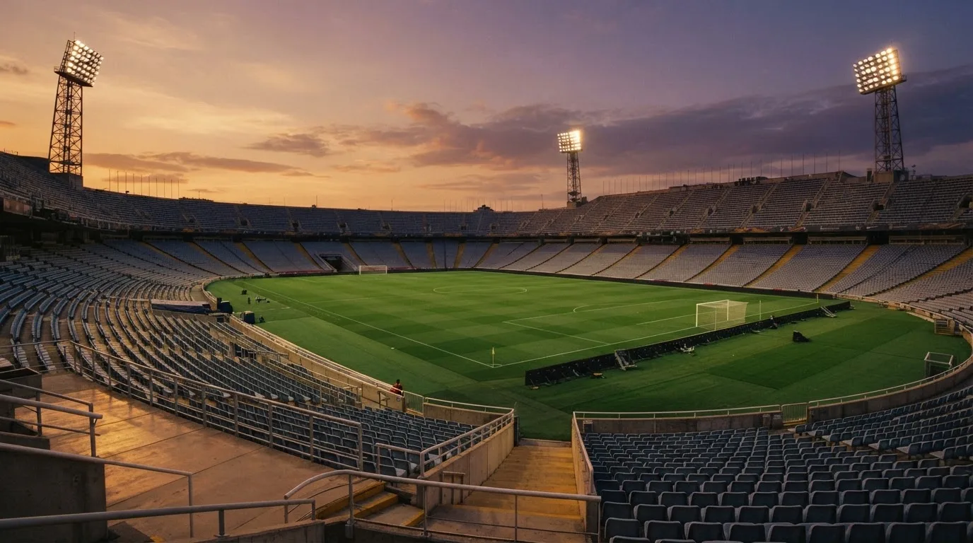 Un estadio de fútbol vacío con torres de iluminación al atardecer