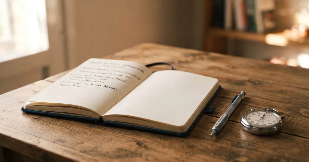 Un cuaderno abierto con un lápiz y un cronómetro sobre una mesa de madera