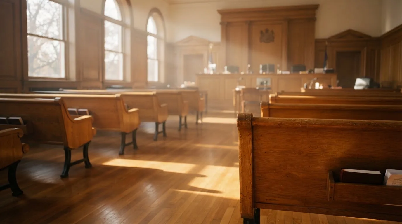 Una sala de tribunal vacía con bancos de madera a la luz de la mañana