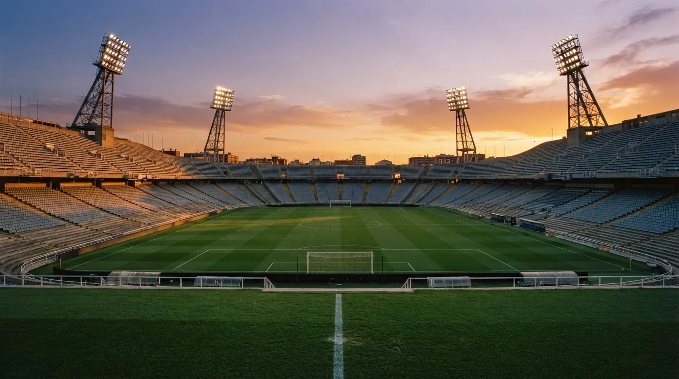 Un estadio de fútbol vacío con torres de iluminación al atardecer