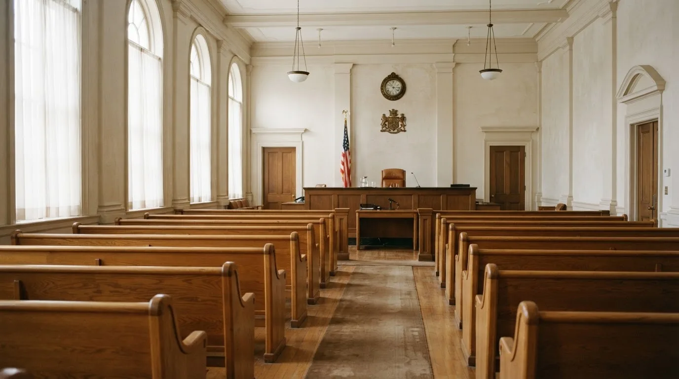 Una sala de tribunal vacía con bancos de madera a la luz de la mañana